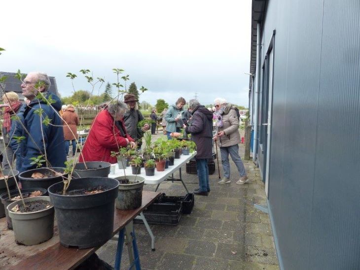 Mensen staan buiten om planten te ruilen met elkaar